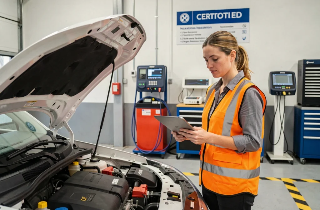 Inspectrice en centre de contrôle technique consultant une tablette numérique près d'un moteur de voiture