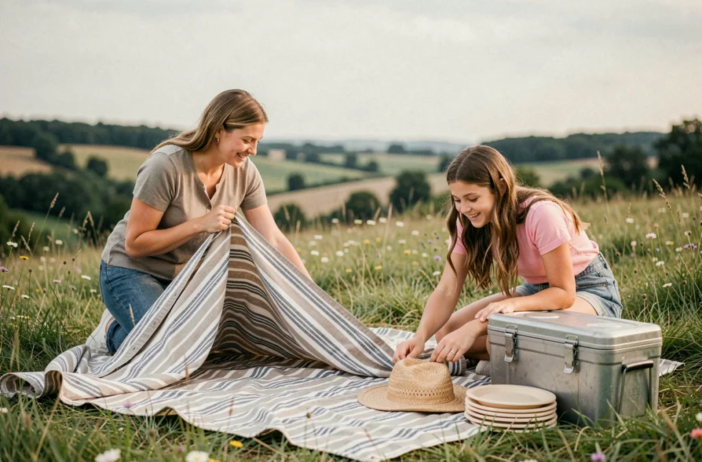 Deux adultes et un adolescent installant une couverture de pique-nique sur une prairie en colline avec glacière vintage et vaisselle réutilisable