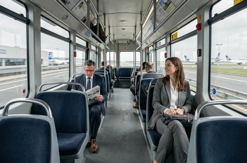 Intérieur d'une rame de tramway TAN à Nantes avec passagers en direction de l'aéroport