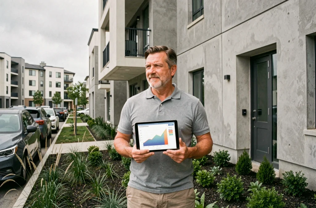 Investisseur immobilier devant un immeuble résidentiel neuf consultant des données sur tablette