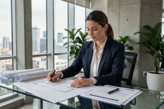 Femme investisseuse immobilière analysant des plans et documents dans un bureau moderne avec vue sur la ville