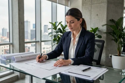 Femme investisseuse immobilière analysant des plans et documents dans un bureau moderne avec vue sur la ville