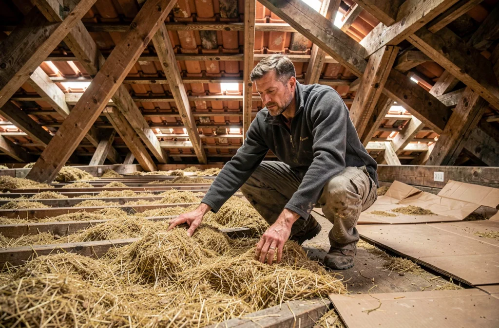 Homme étalant de la fibre de chanvre en vrac sur le plancher d'un grenier pour améliorer l'isolation thermique