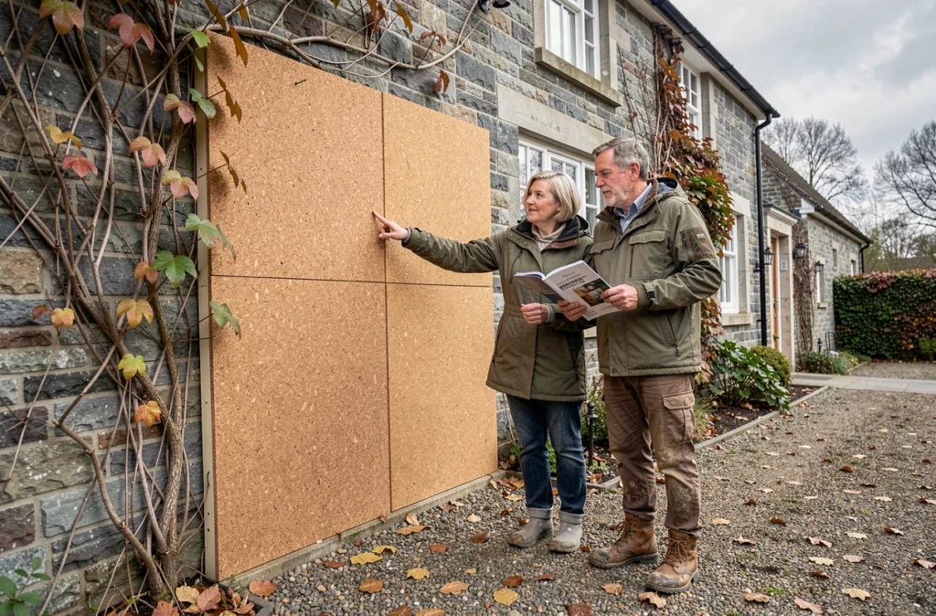 Couple examinant des panneaux d'isolation en liège naturel sur la façade extérieure de leur maison en pierre à la campagne