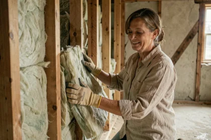 Femme installant de la laine de mouton naturelle entre des montants en bois pour isoler les murs d'une maison rénovée