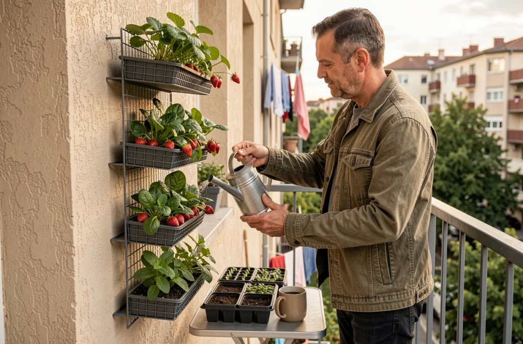 Homme arrosant un jardin vertical sur balcon avec fraisiers, épinards et menthe dans un quartier résidentiel urbain