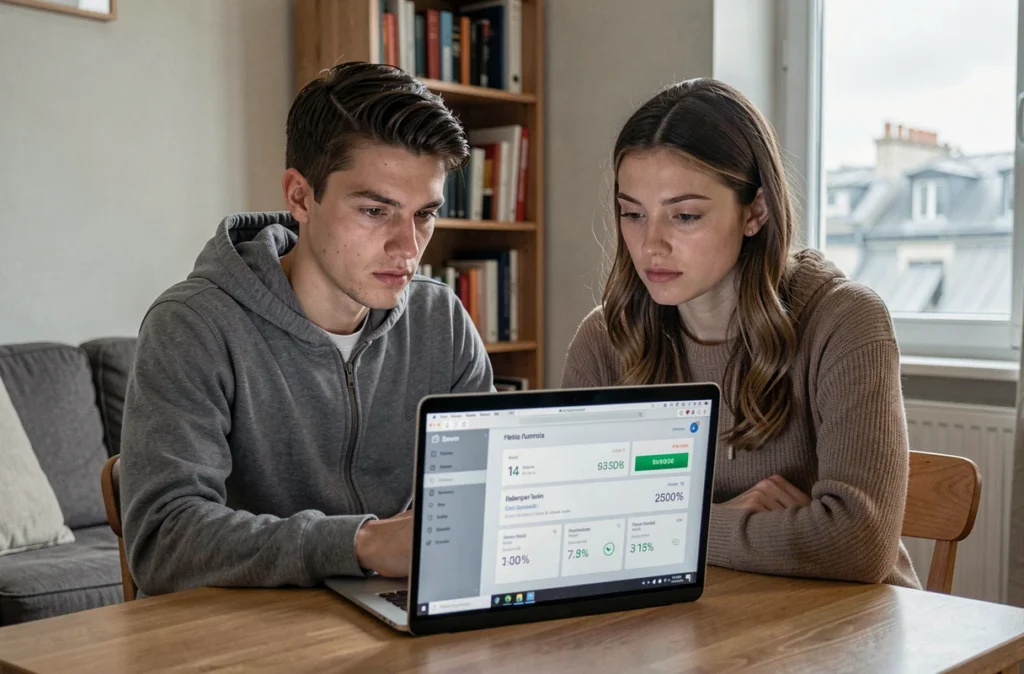 Jeune couple français consultant leur tableau de bord d'épargne en ligne sur un ordinateur portable dans leur appartement face à l'inflation persistante