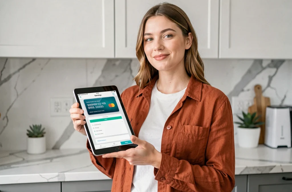 Jeune femme consultant une application de carte bancaire virtuelle sur tablette dans une cuisine moderne