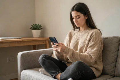 Jeune femme consultant une application de trading en bourse sur son smartphone depuis son appartement moderne