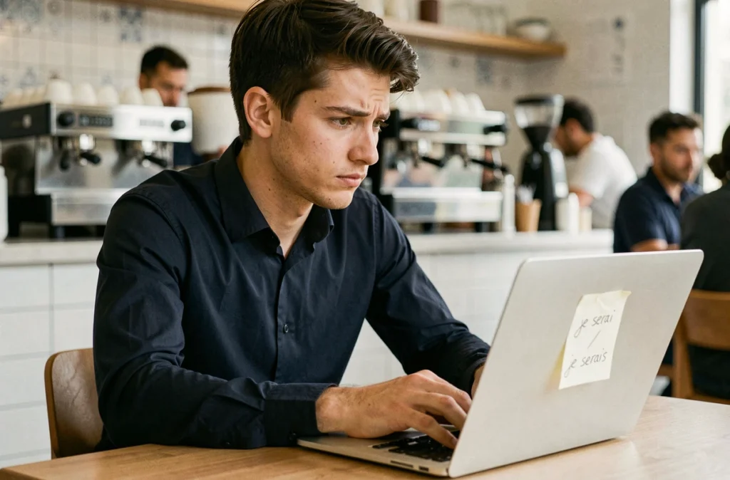 Jeune homme hésitant devant son ordinateur portable dans un café avec une note autocollante sur la différence entre je serai et je serais