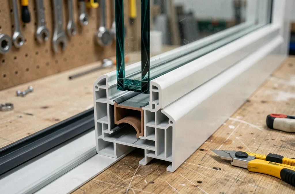Gros plan sur une coupe de fenêtre PVC double vitrage avec joint acoustique neuf et outils de remplacement sur un établi