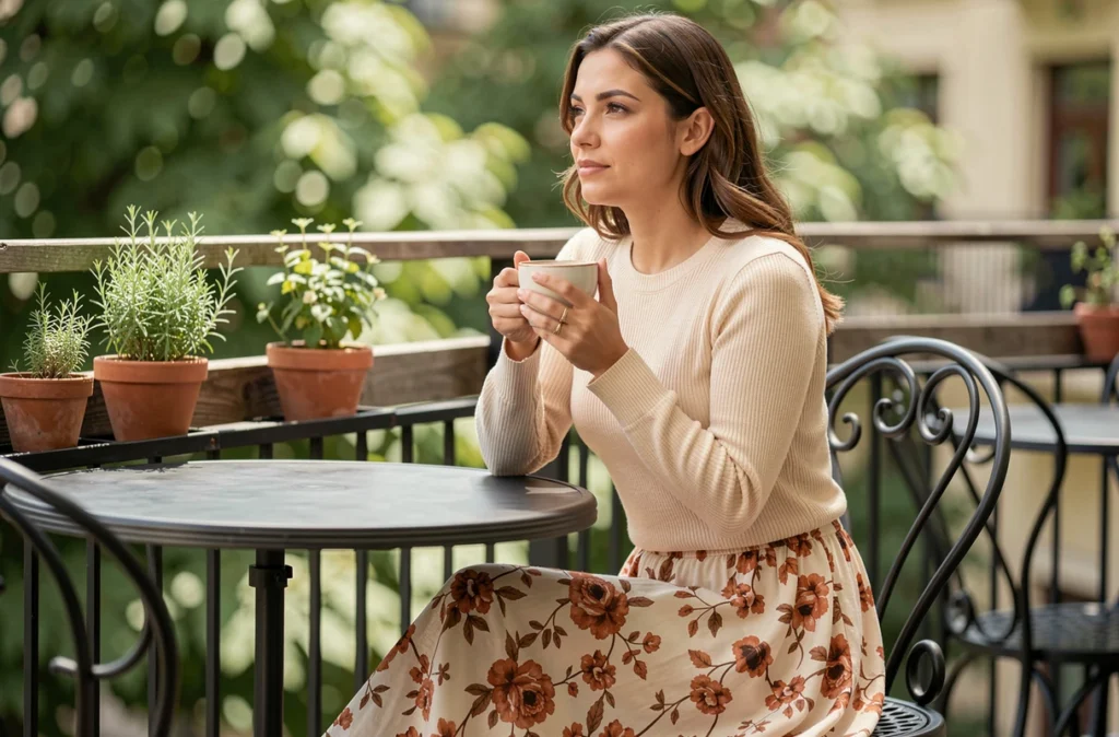 Femme en jupe longue florale assise en terrasse de café avec une ambiance printanière