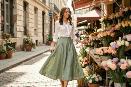 Femme portant une jupe longue en lin vert sauge dans un marché aux fleurs parisien au printemps