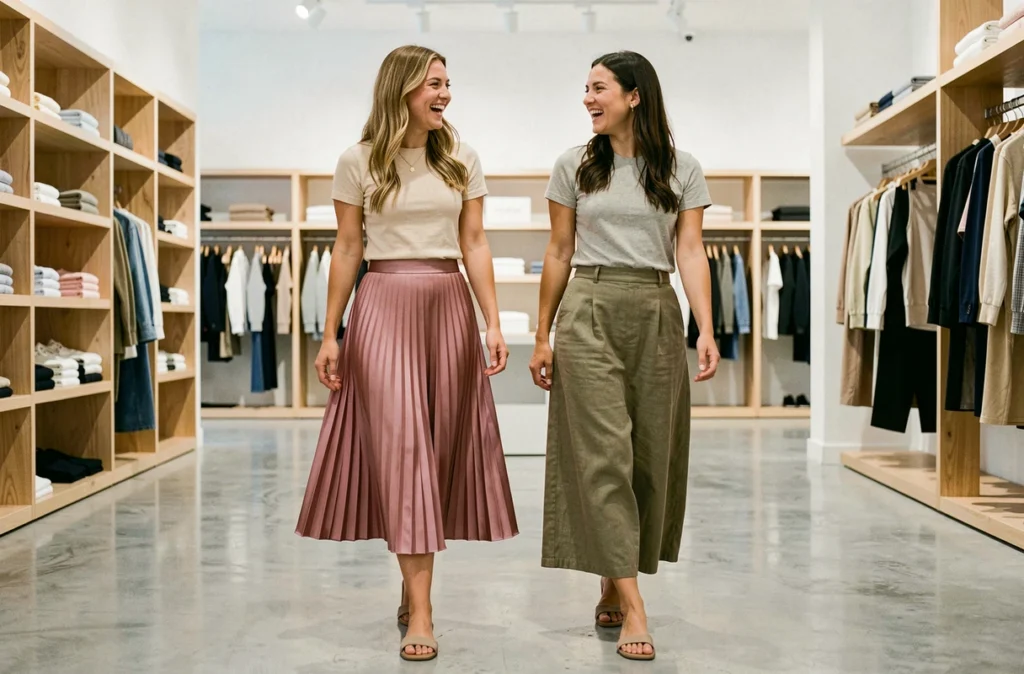 Deux femmes portant des jupes longues tendance printemps dans un concept store moderne