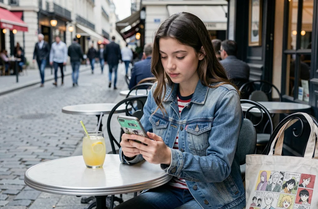 Adolescente lisant des chapitres de manga sur smartphone via une application légale à la terrasse d'un café parisien