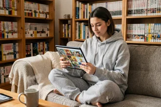Jeune femme lisant des séries manga légalement sur tablette dans un salon cosy avec bibliothèque de volumes physiques