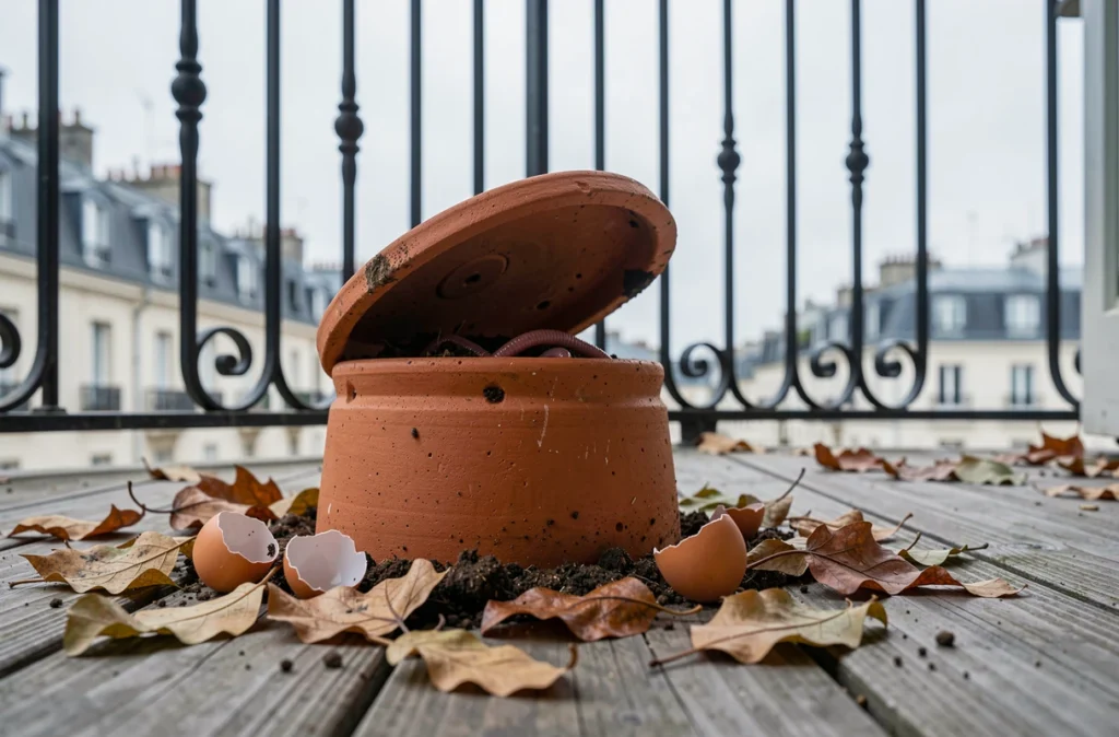 Lombricomposteur en terre cuite sur un balcon d'appartement urbain avec épluchures et vers visibles