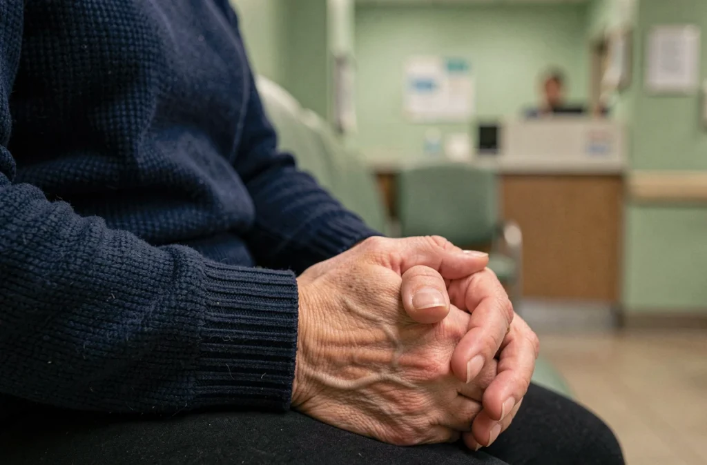 Mains crispées d'une femme en salle d'attente médicale, symbolisant l'anxiété et le stress chronique affectant le système immunitaire