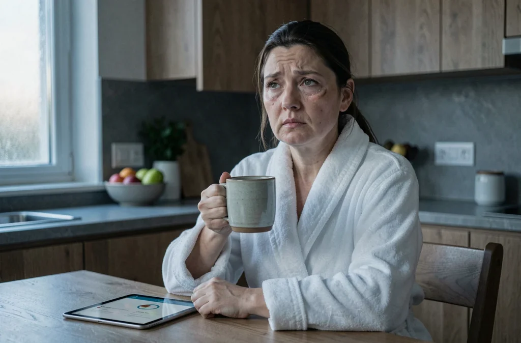 Femme fatiguée le matin avec une tasse de café, montrant les effets du manque de sommeil sur le bien-être cardiovasculaire
