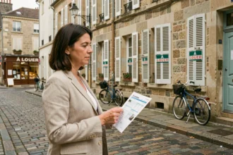 Femme consultant une annonce de location devant des immeubles avec panneaux À Louer dans une ville moyenne française