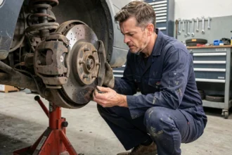 Mécanicien inspectant un disque de frein et une étrier dans un garage automobile professionnel