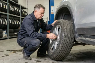 Mécanicien inspectant un pneu quatre saisons monté sur un SUV dans un garage automobile professionnel
