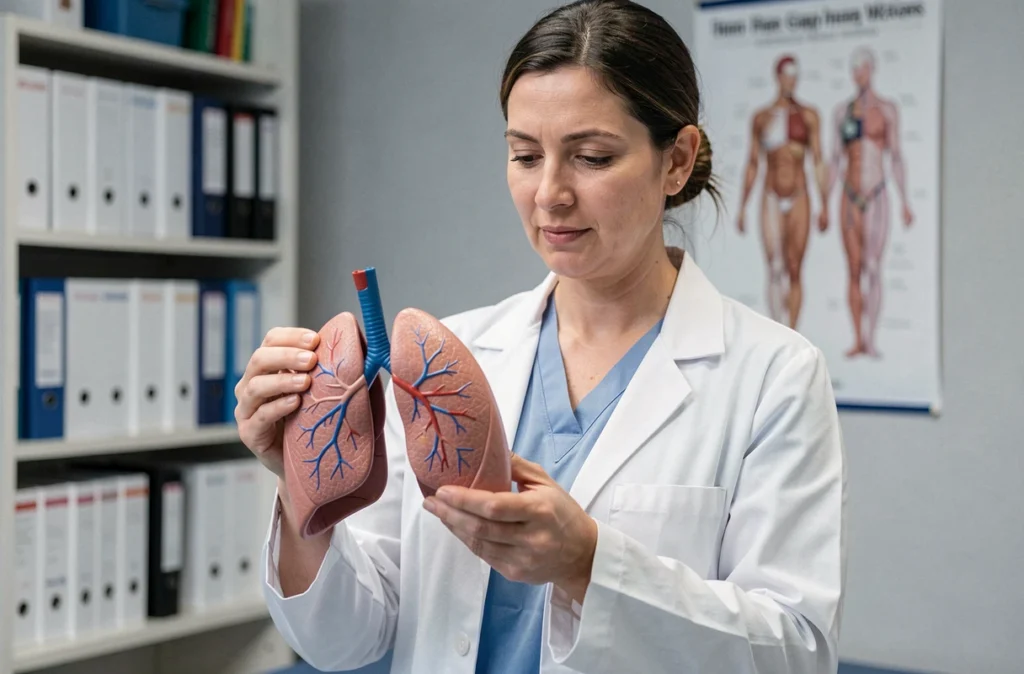 Médecin tenant un modèle anatomique de poumons dans un cabinet médical, symbolisant les risques respiratoires du tabac