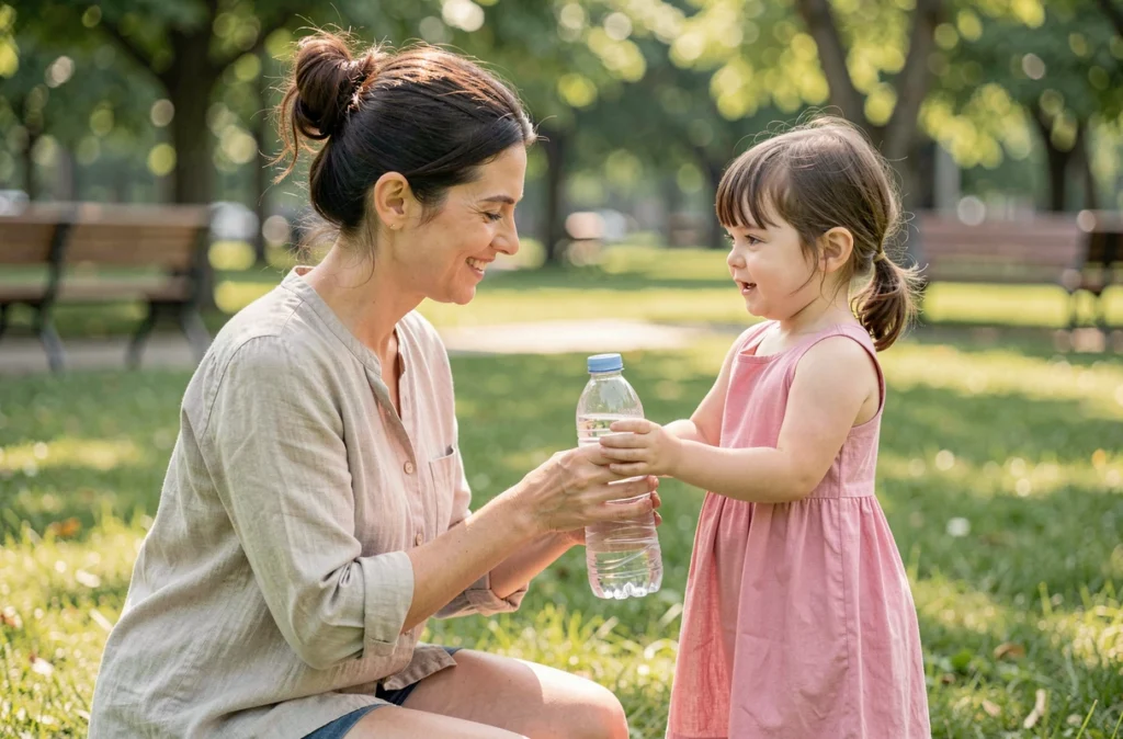 Mère donnant une gourde d'eau à sa fille dans un parc pour prévenir la déshydratation