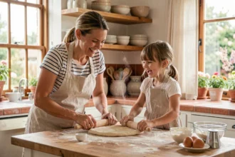 Mère et fillette qui roulent de la pâte ensemble dans une cuisine familiale chaleureuse, complices et souriantes, recouvertes de farine