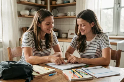 Mère et fille adolescente préparant ensemble les fournitures scolaires à la table de cuisine pour la rentrée