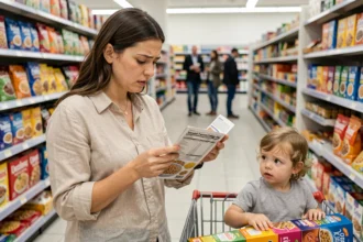 Mère lisant attentivement les étiquettes alimentaires dans un supermarché avec son jeune enfant assis dans le caddie, illustrant la vigilance face aux allergies alimentaires