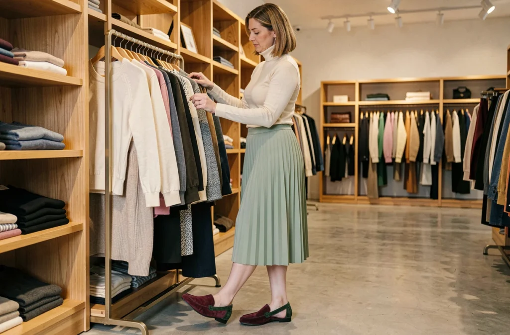 Femme en mocassins bicolores bordeaux et vert forêt dans une boutique de mode indépendante