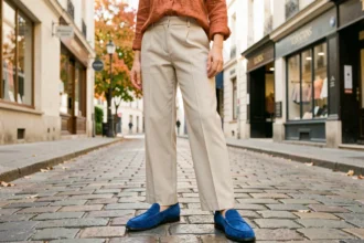 Jeune femme portant des mocassins en daim bleu cobalt dans une rue pavée française en automne