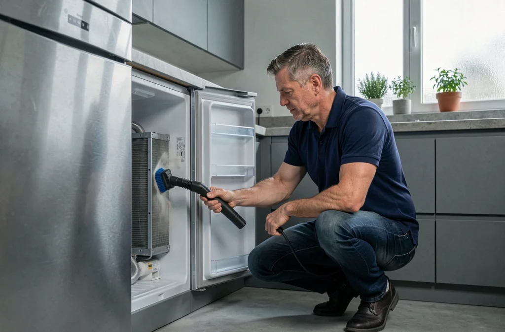 Homme nettoyant les serpentins du réfrigérateur pour améliorer son efficacité et sa longévité