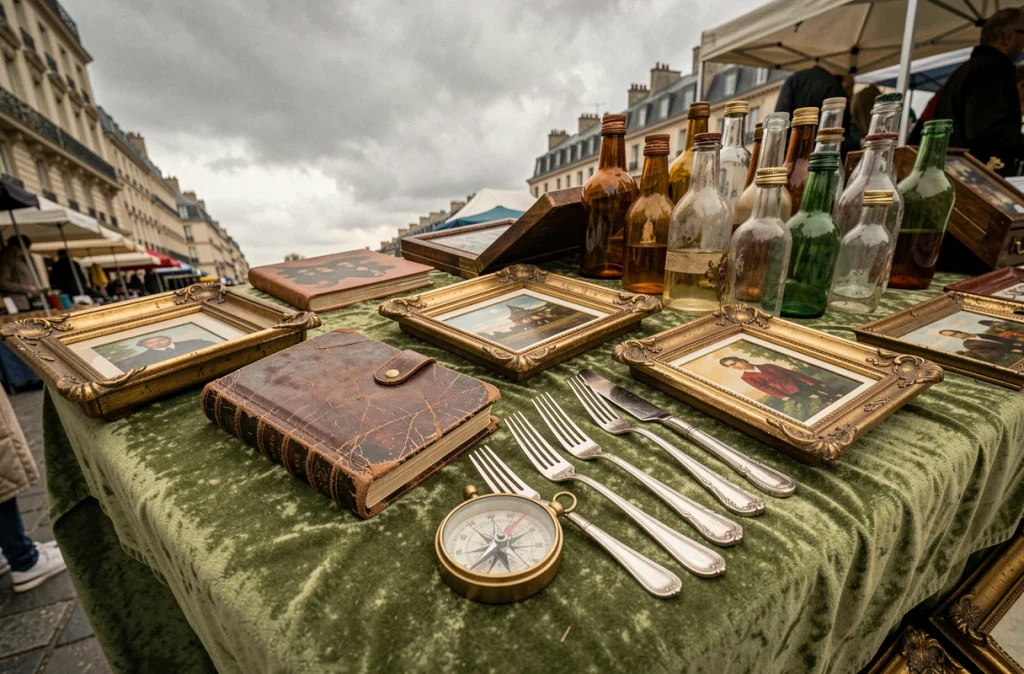 Collection d'objets chinés exposés sur un stand de brocante aux puces de la Porte de Vanves