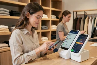 Femme utilisant une application de paiement fractionné sur smartphone dans une boutique française