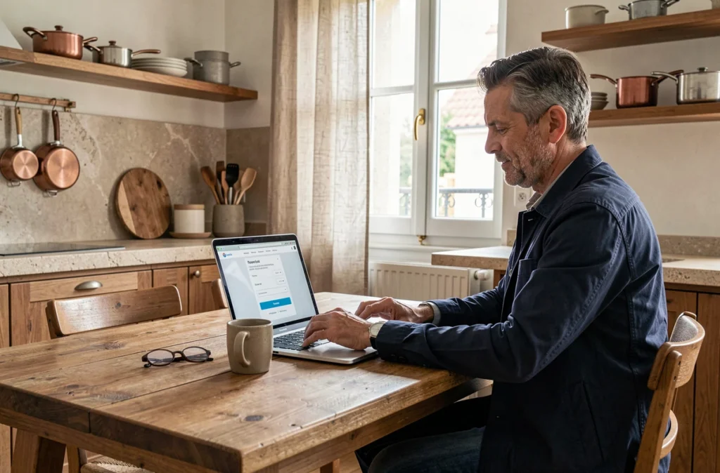 Homme consultant une option de paiement en plusieurs fois sur un site e-commerce depuis son domicile