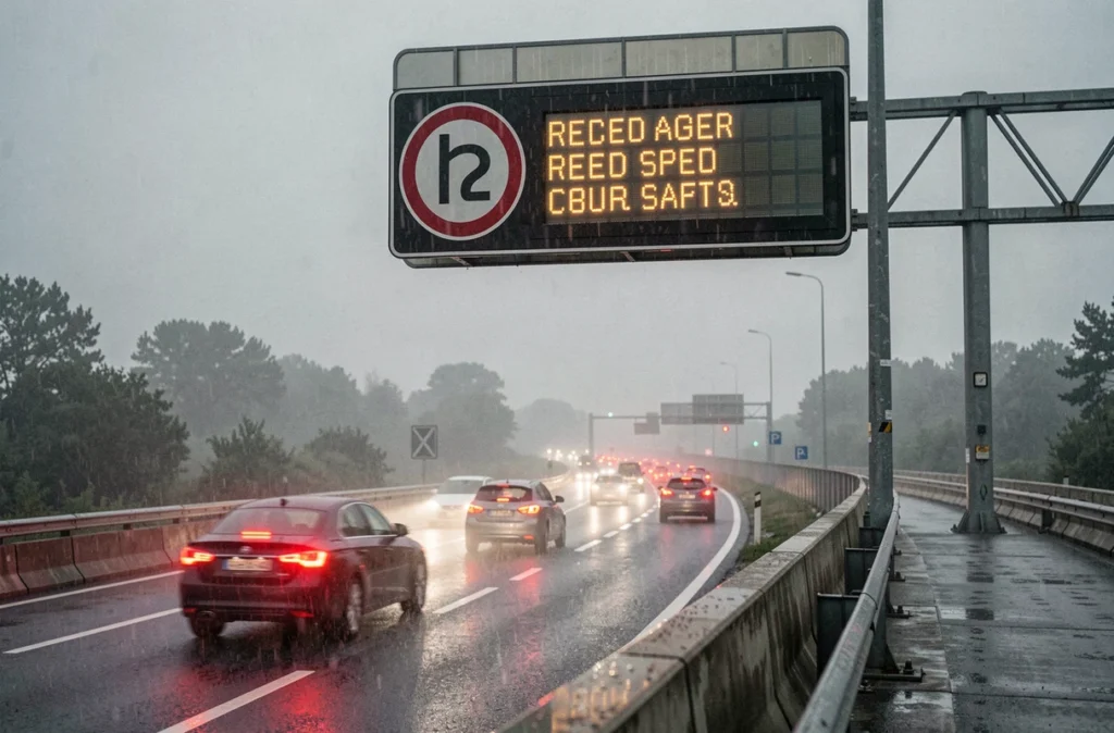 Panneau de signalisation autoroutier indiquant une limitation de vitesse par temps de pluie, circulation dense sur autoroute mouillée