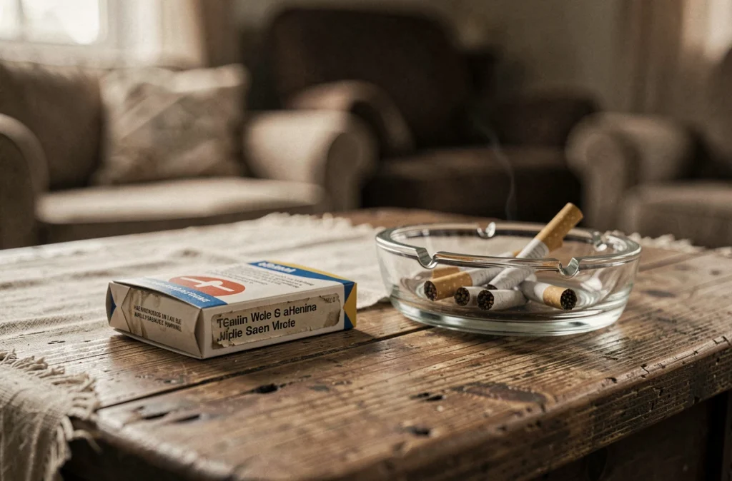 Paquet de cigarettes froissé et cendrier plein sur une table en bois, évoquant les dangers durables du tabagisme