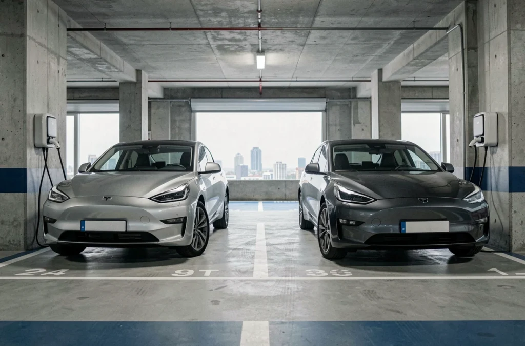 Deux véhicules électriques branchés sur des bornes de recharge dans un parking intérieur moderne
