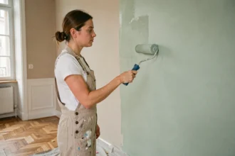 Femme appliquant de la peinture écologique vert sauge sur un mur de salon parisien avec un rouleau, vêtue d'une salopette en lin