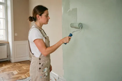 Femme appliquant de la peinture écologique vert sauge sur un mur de salon parisien avec un rouleau, vêtue d'une salopette en lin
