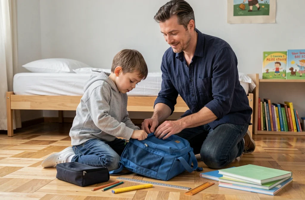 Père aidant son fils à préparer son cartable et ses affaires scolaires dans la chambre d'enfant