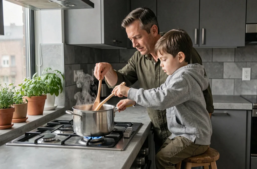 Père et fils cuisinant ensemble une soupe sur la gazinière, le garçon debout sur un marchepied, moment de complicité en cuisine