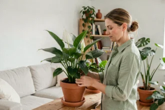 Femme arrangeant un spathiphyllum dépolluant sur une étagère en bois dans un salon naturel et verdoyant