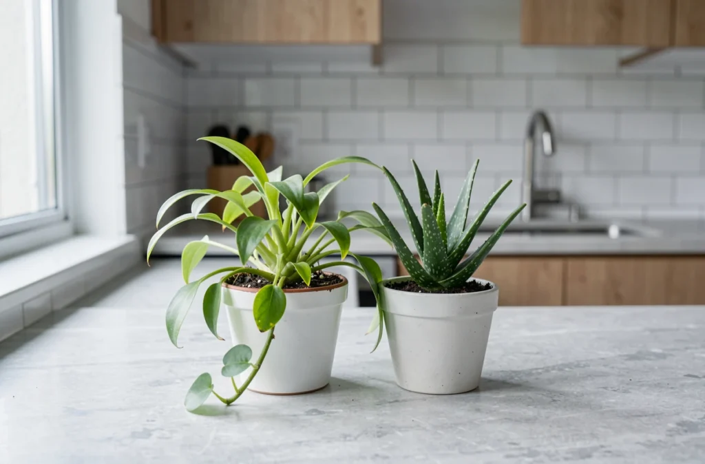Plantes dépolluantes chlorophytum et aloe vera posées sur un plan de travail en pierre dans une cuisine moderne