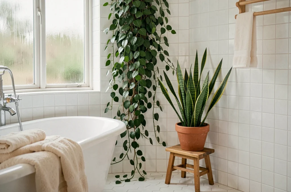 Sansevieria et ficus dépolluants dans un coin salle de bain avec baignoire et carrelage blanc