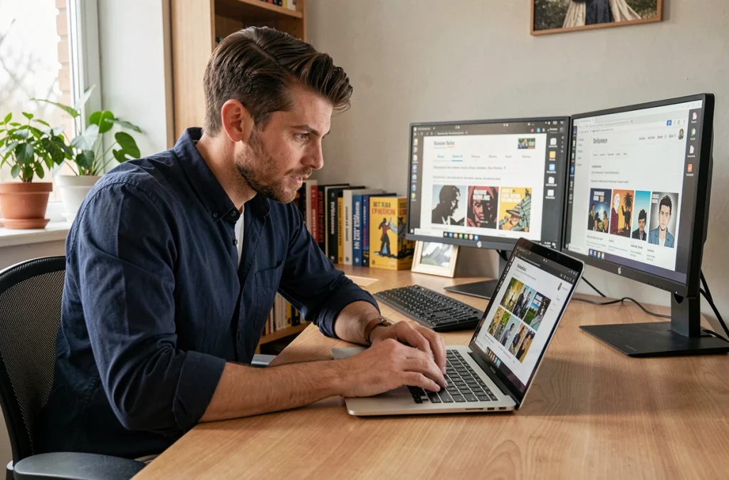 Homme parcourant une plateforme légale de lecture de manga en français sur ordinateur portable dans un bureau à domicile