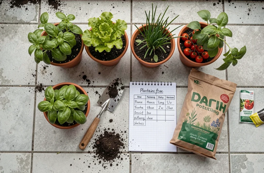 Vue de dessus d'un balcon urbain avec des pots de légumes et herbes aromatiques organisés pour un potager en ville