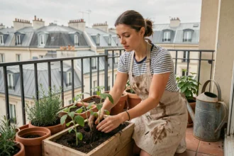 Femme installant des plants de tomates dans un bac en bois sur un balcon urbain avec vue sur les toits de la ville